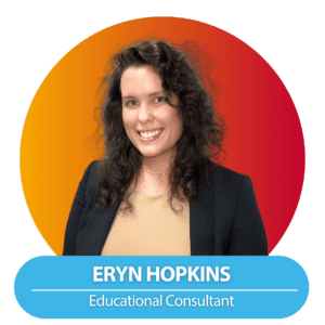 Portrait of Eryn Hopkins, Educational Consultant at Active Parenting Publishers, smiling in front of a red and orange gradient background.